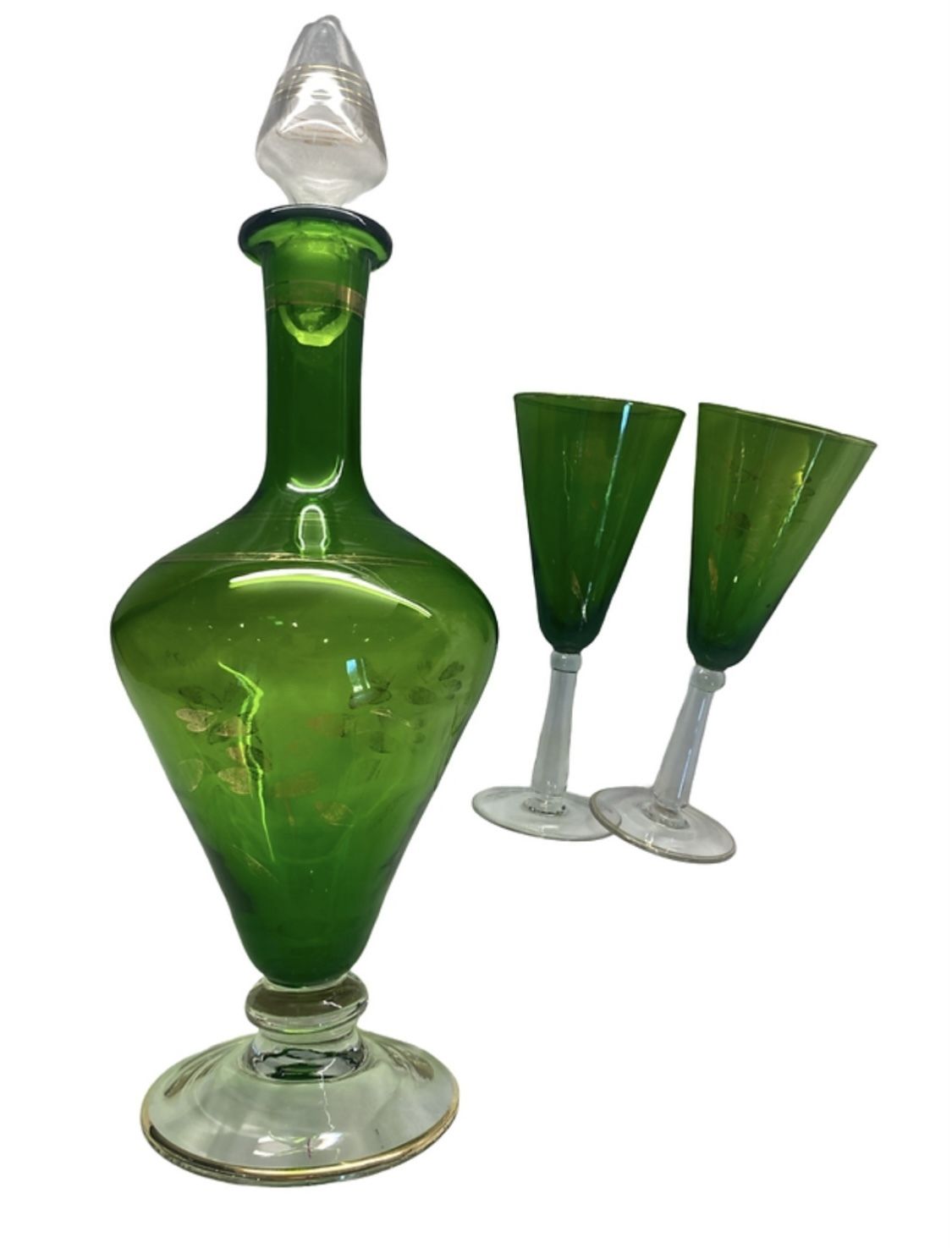Emerald Green Art Deco Decanter And 2 Wine Glasses photo Home Decor