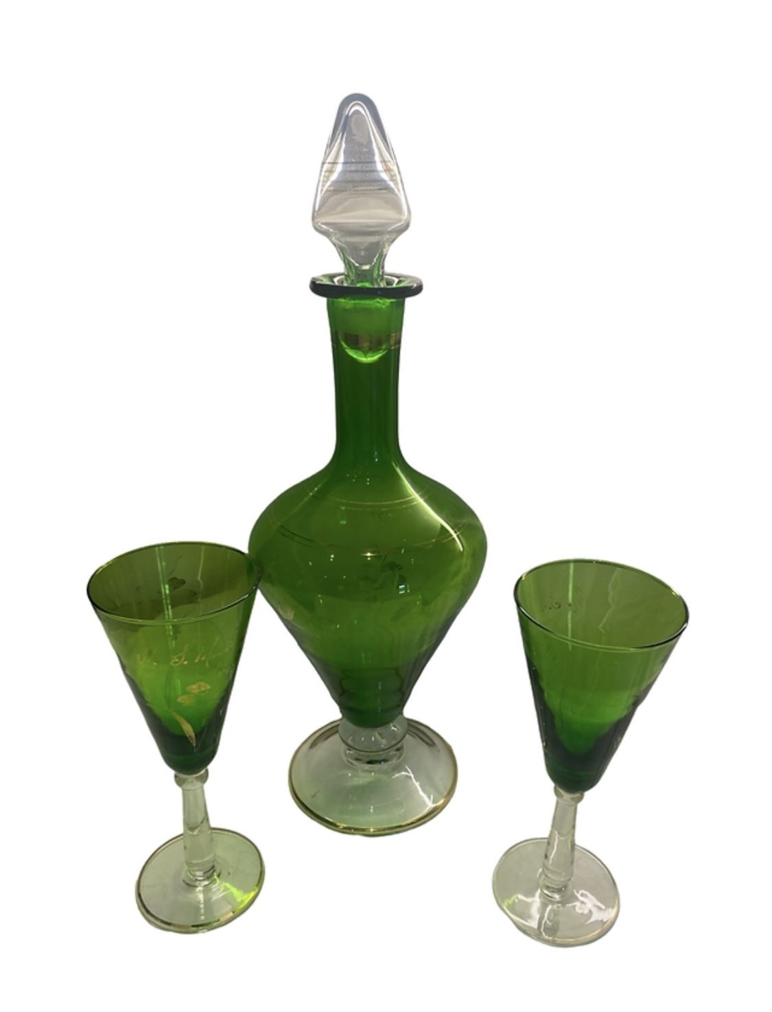 Emerald Green Art Deco Decanter And 2 Wine Glasses photo vinterior