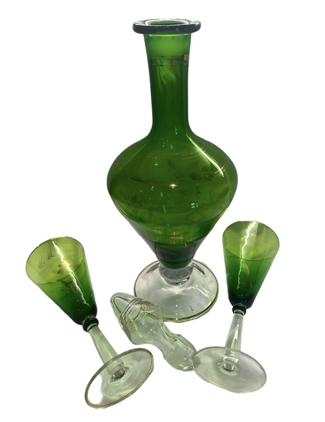 Emerald Green Art Deco Decanter And 2 Wine Glasses photo buy