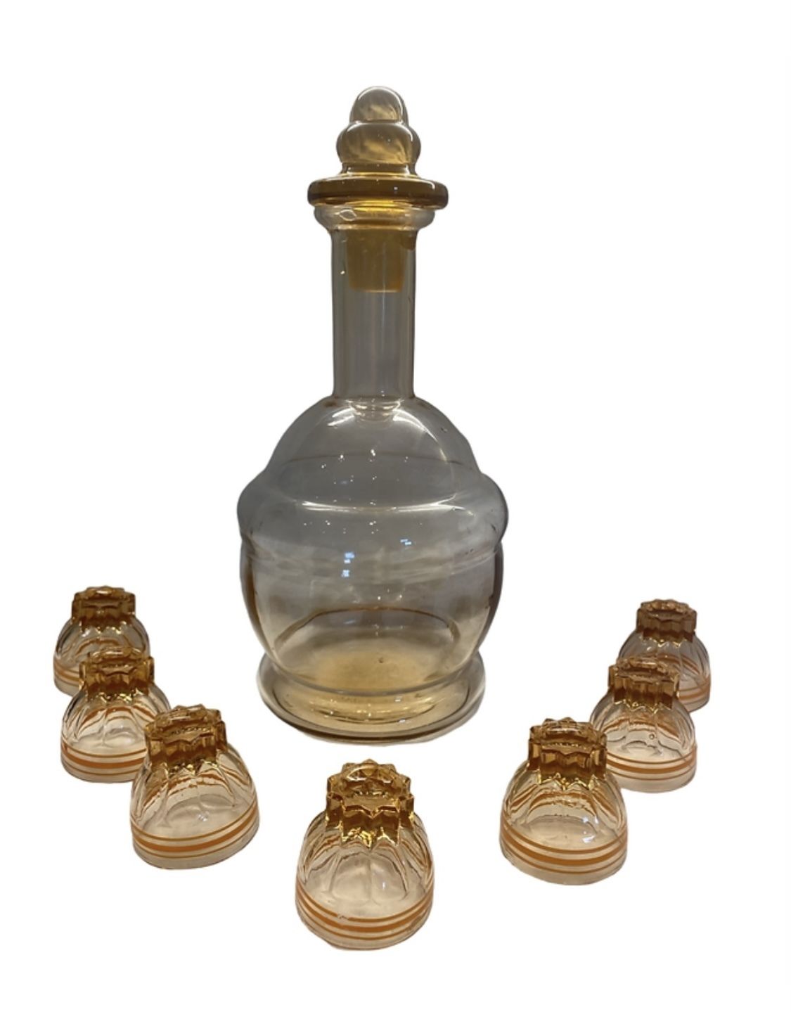 Beautiful Peach Art Deco Decanter And 7 Small Shot Glasses photo buy