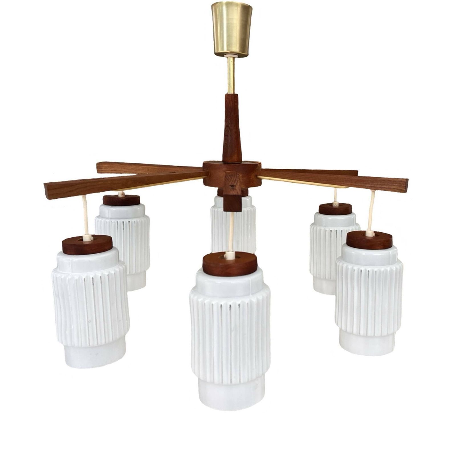 Scandinavian Six Arm Teak Wood Chandelier, Denmark, 1970s. photo vintage