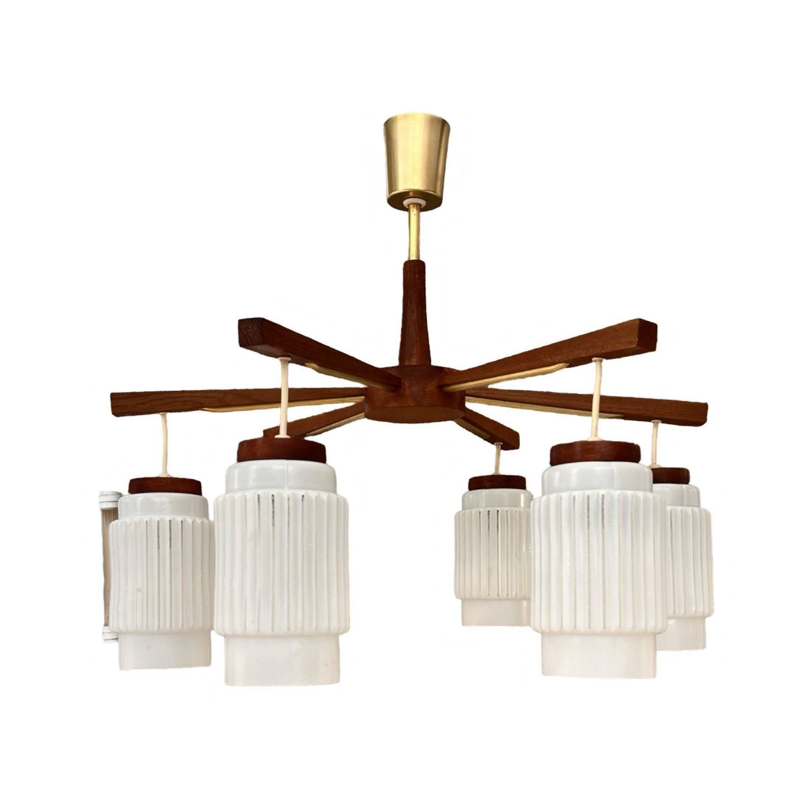photo vinterior Scandinavian Six Arm Teak Wood Chandelier, Denmark, 1970s.