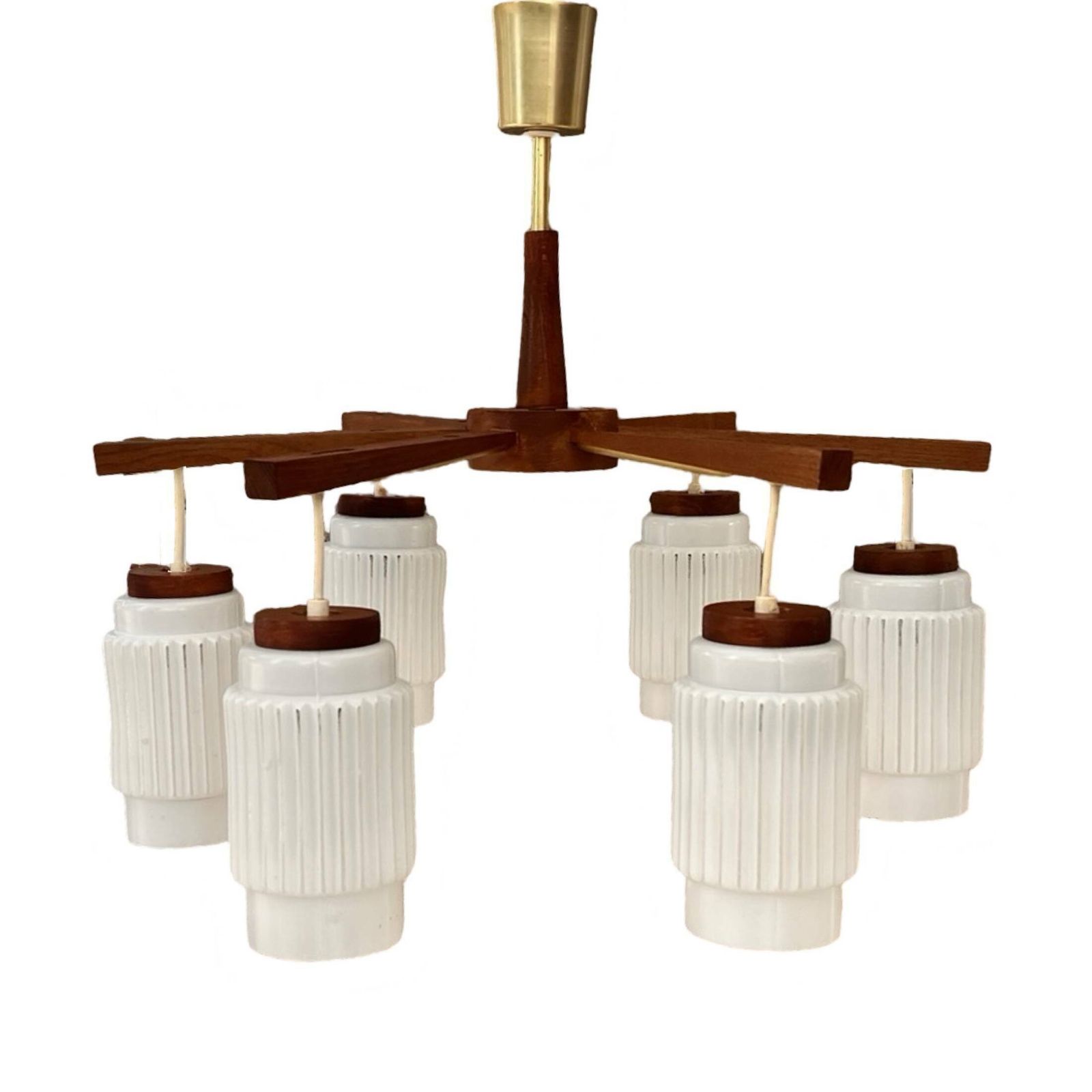 photo buy Scandinavian Six Arm Teak Wood Chandelier, Denmark, 1970s.