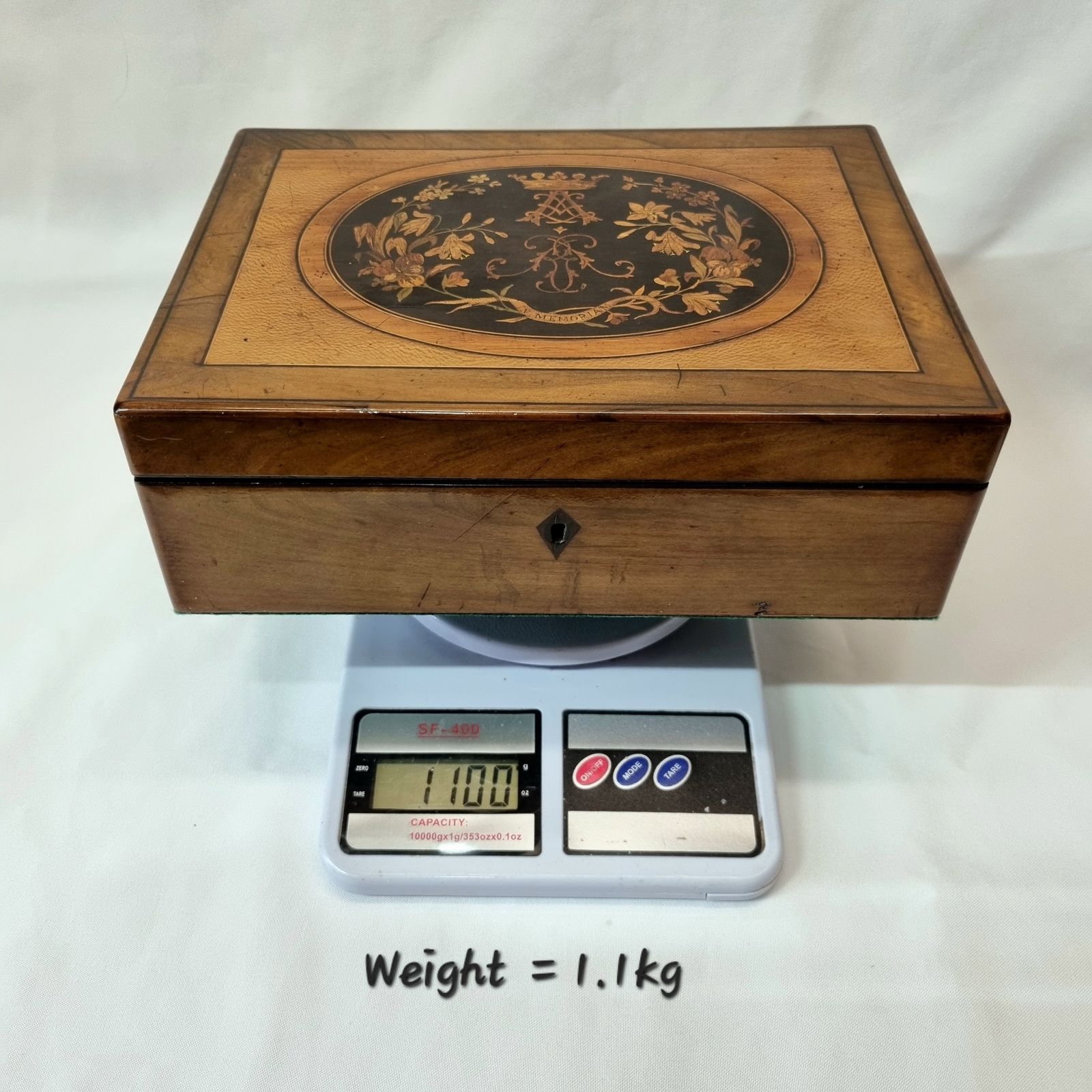 415.0 An Antique Walnut Trinket / Jewellery Box With Exceptionally Fine Inlaid Marquetry Dedicated In Memoriam To A Marquis And A Velvet Interior. photo