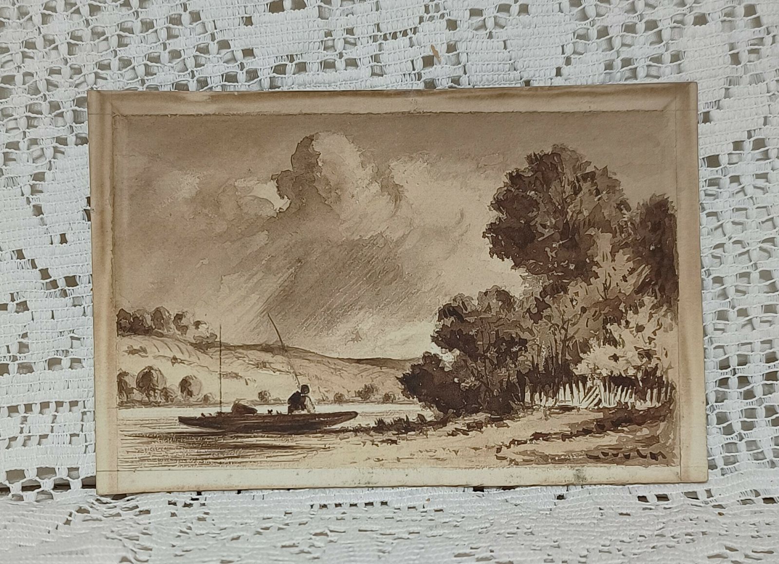 Unframed Original Watercolor Painting Men Fishing In Little Boat. photo furniture