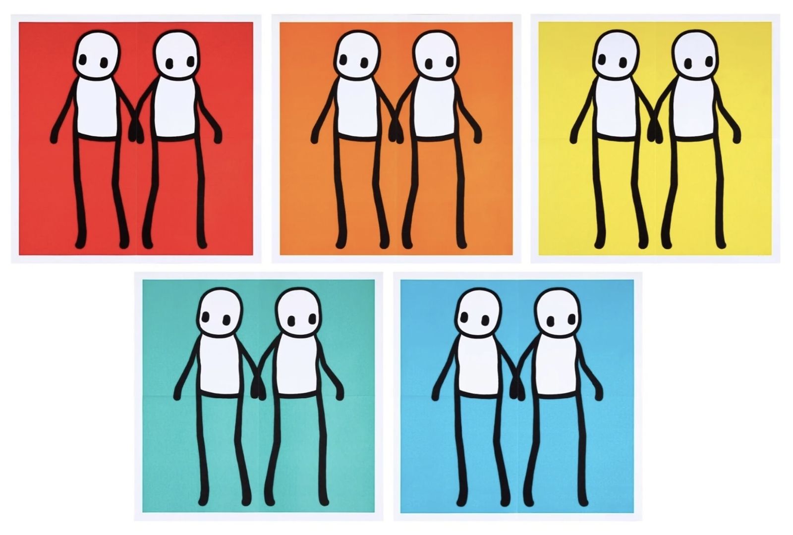 Stik Framed Holding Hands Hackney Today Set Of 5 Red, Orange, Yellow, Blue, Teal