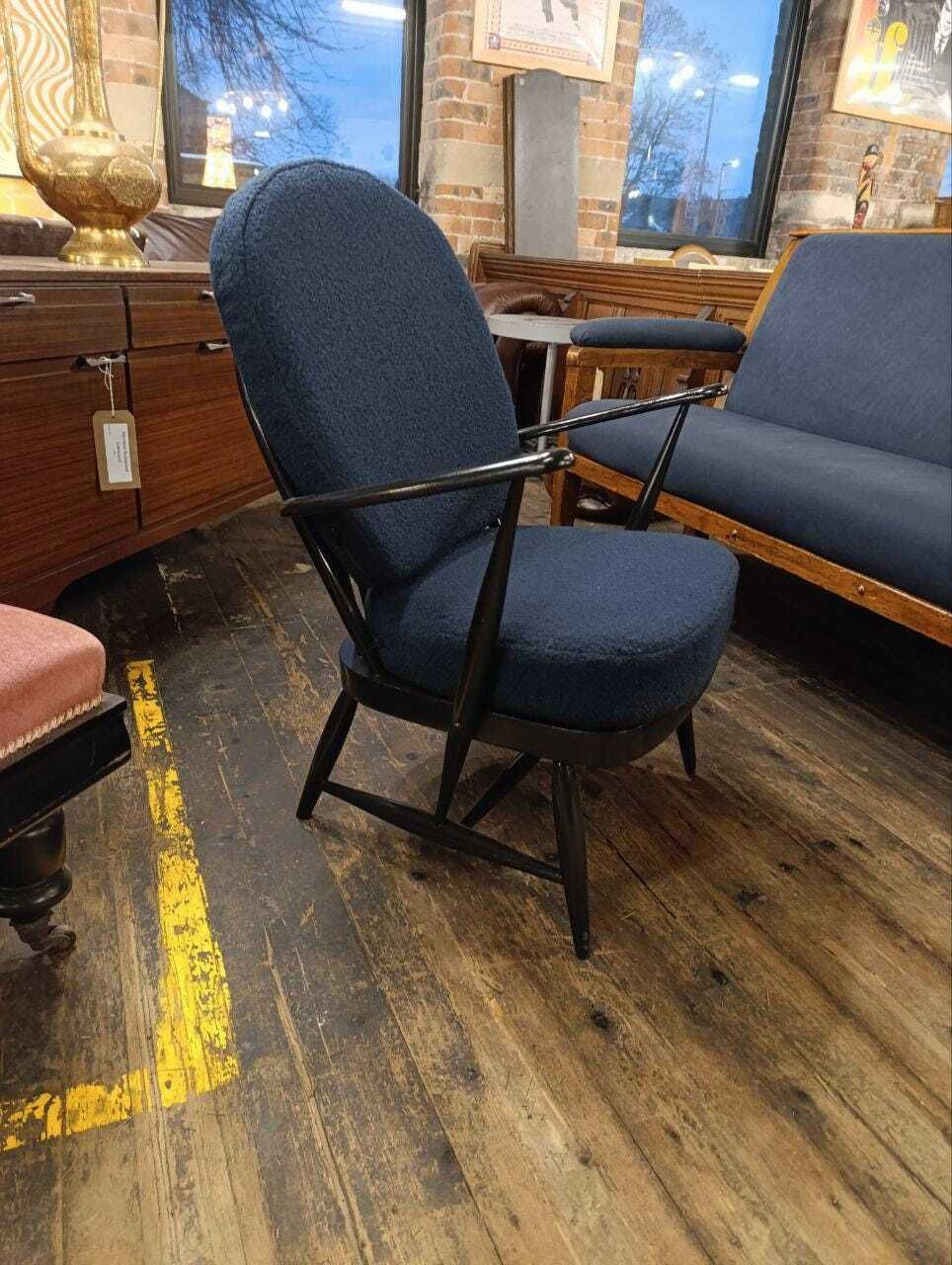 Early Mid Century Ercol Armchair In Newly Upholstered Blue Bouclé photo for sale