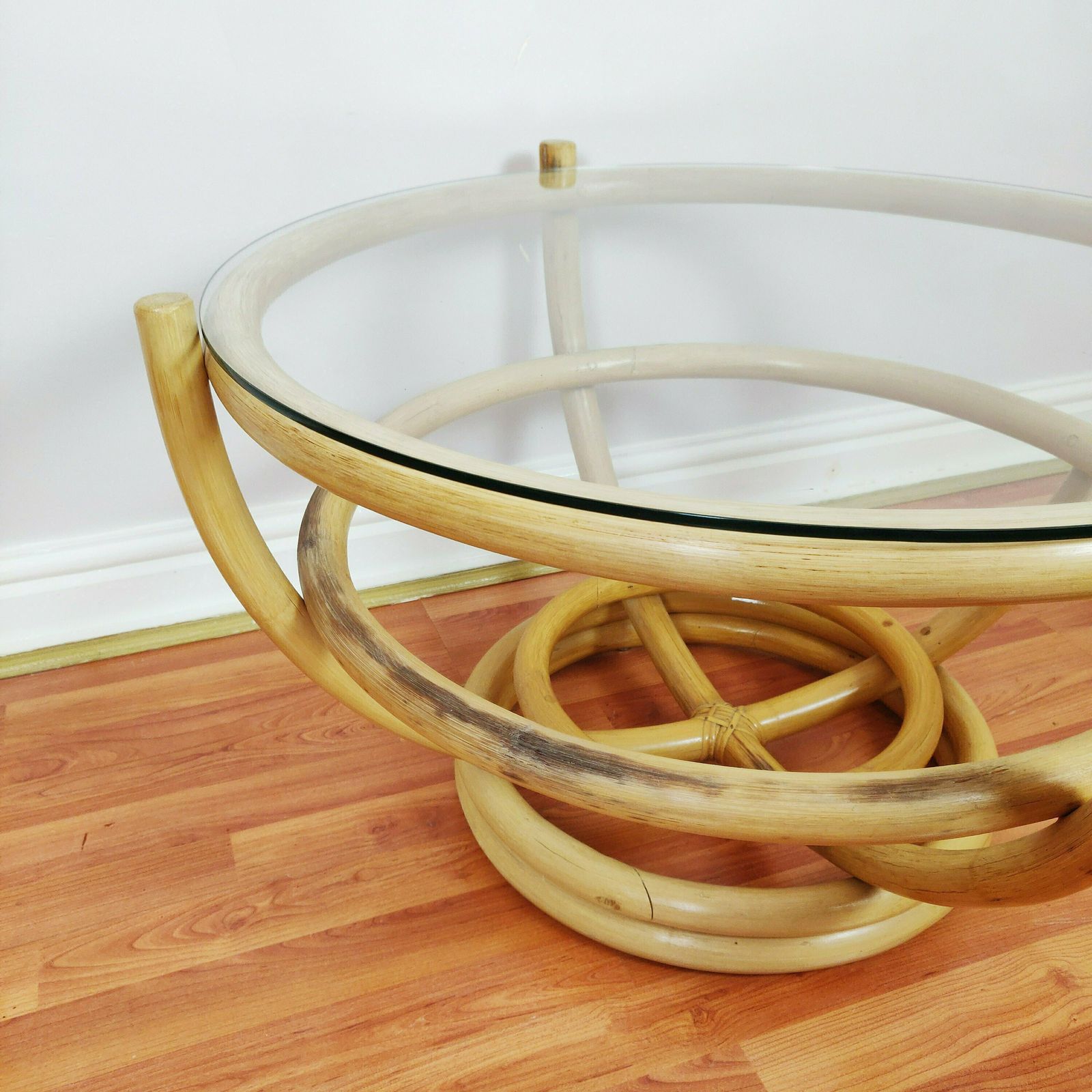 Original Angraves Vintage Bamboo Round Coffee Table, Boho Tiki Cane Glass Top Coffee Table 1970s photo 180.0