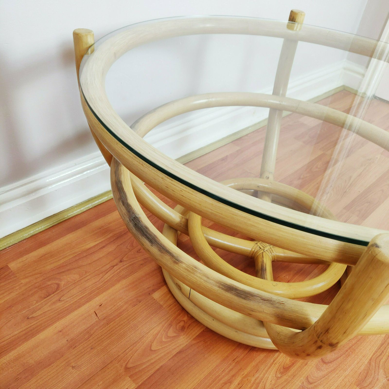 Original Angraves Vintage Bamboo Round Coffee Table, Boho Tiki Cane Glass Top Coffee Table 1970s photo vinterior