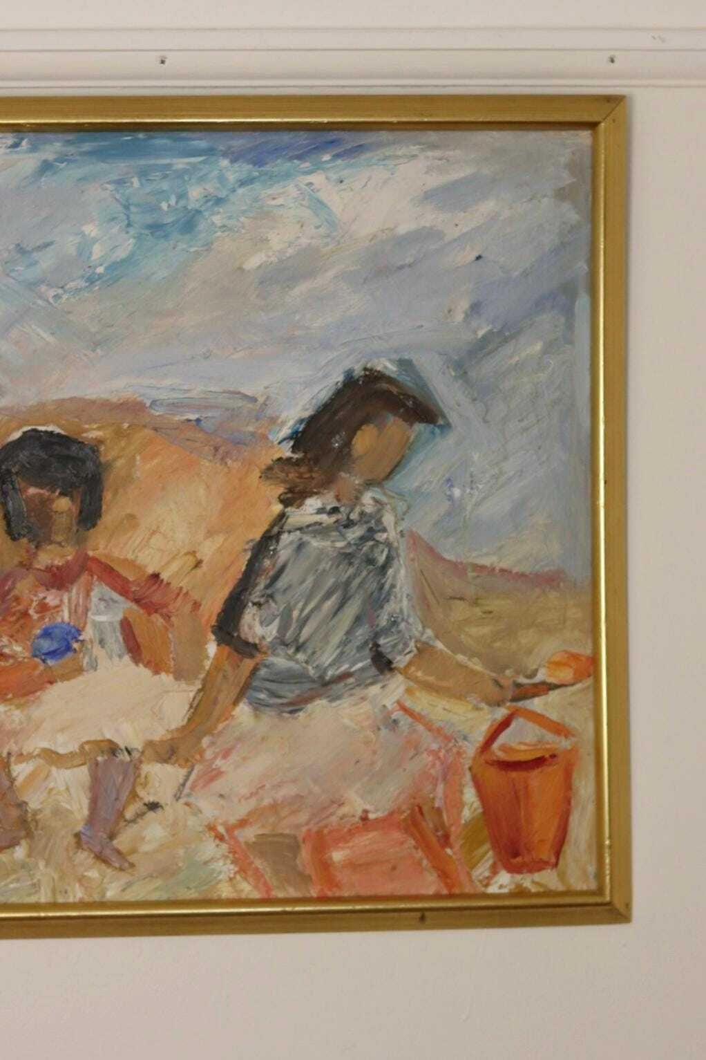 Large Swedish Mid Century Oil On Panel" Beach" By Stig Thiderman (1920 1973)   Vintage And Framed photo Art