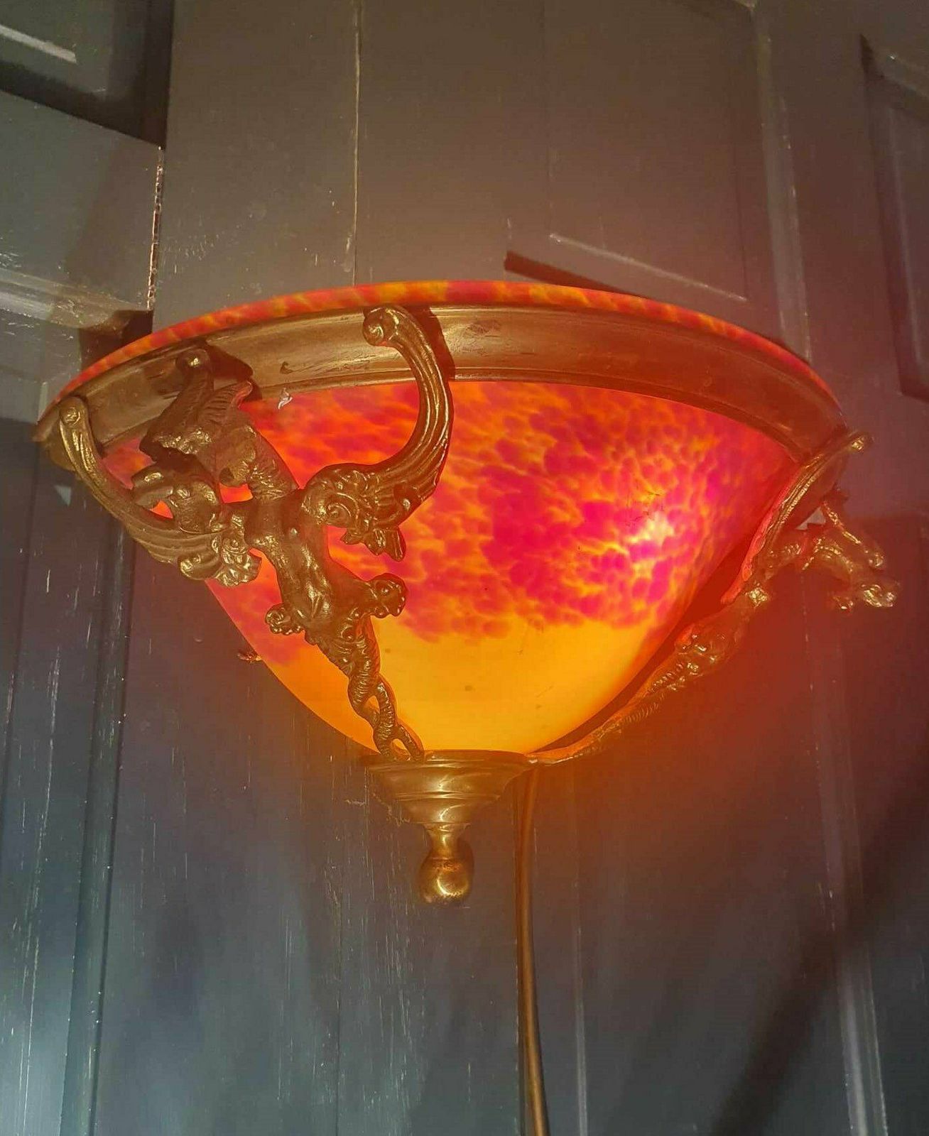 Set Of Three French Art Deco Brass Wall Lights With Mottled Glass photo buy