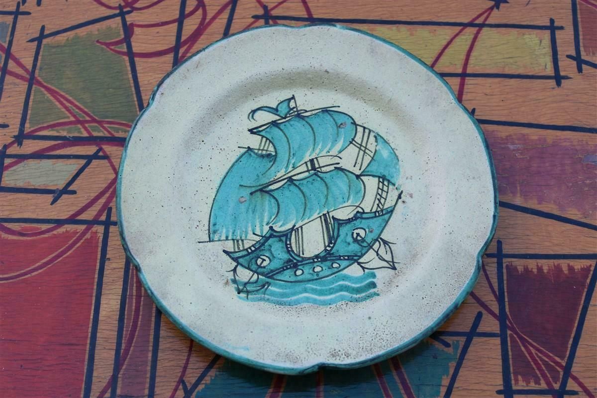 Round Plate By Avallone Vietri With Central Decoration 1950s With Sailing Ship photo furniture