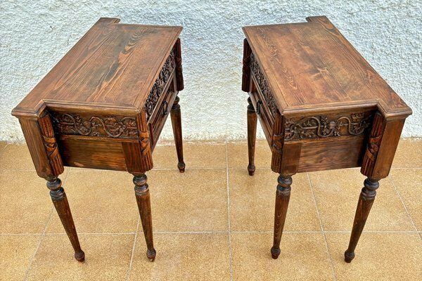 photo buy Early 20th Century French Carved Wood Nightstands, 1940s, Set Of 2
