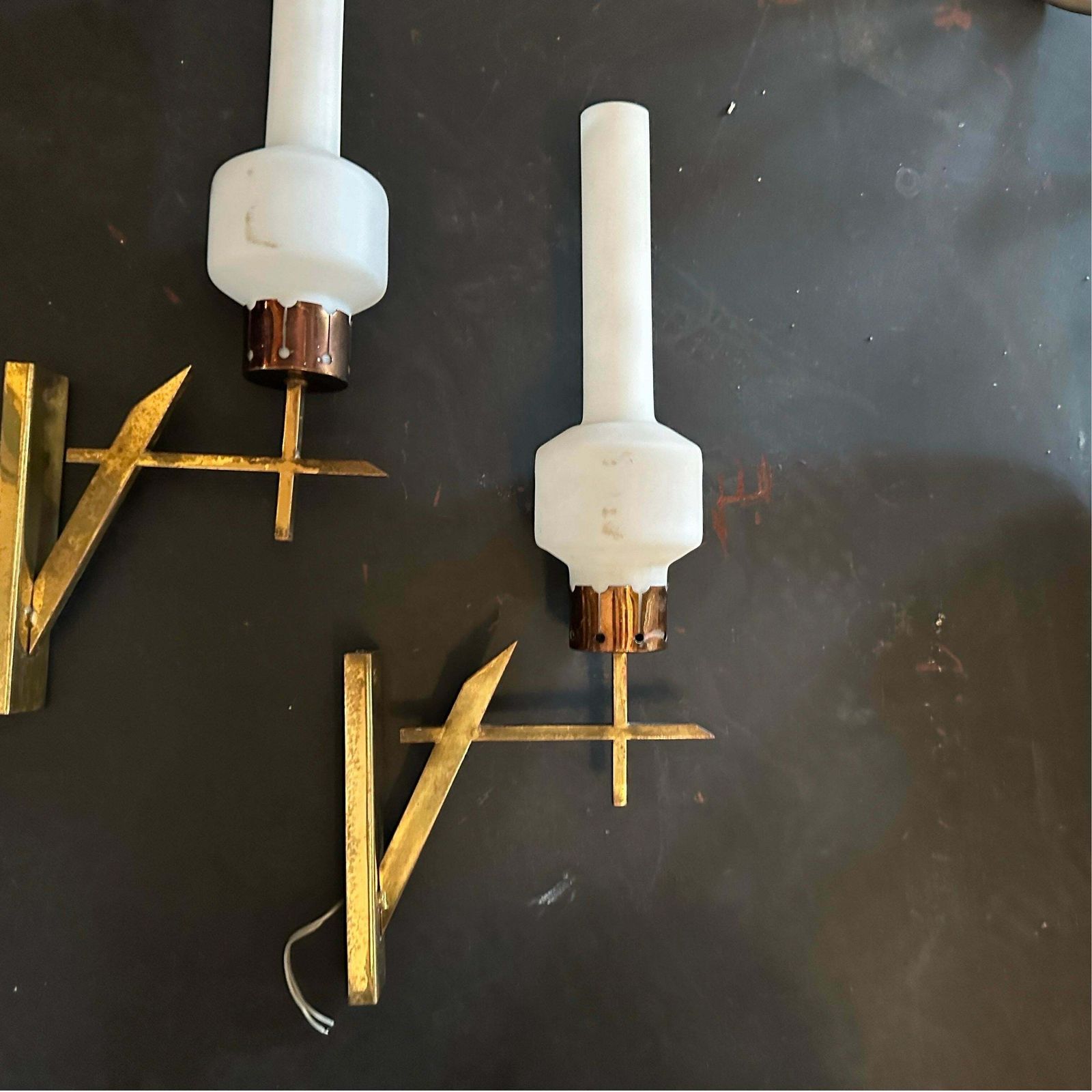 Two 1950s Stilnovo Style Mid Century Modern Brass And Glass Italian Wall Sconces photo furniture