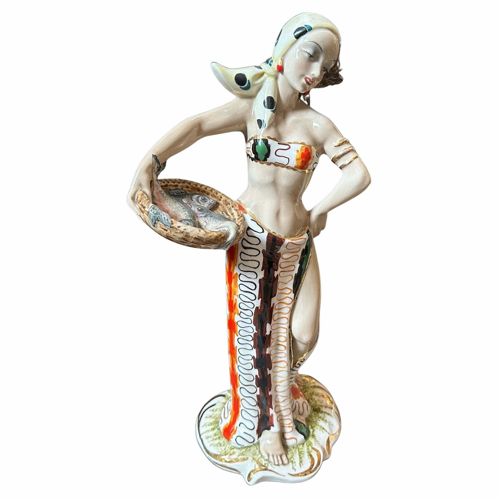 1950s Mid Century Modern Ceramic Italian Figure Of A Woman With Fishes