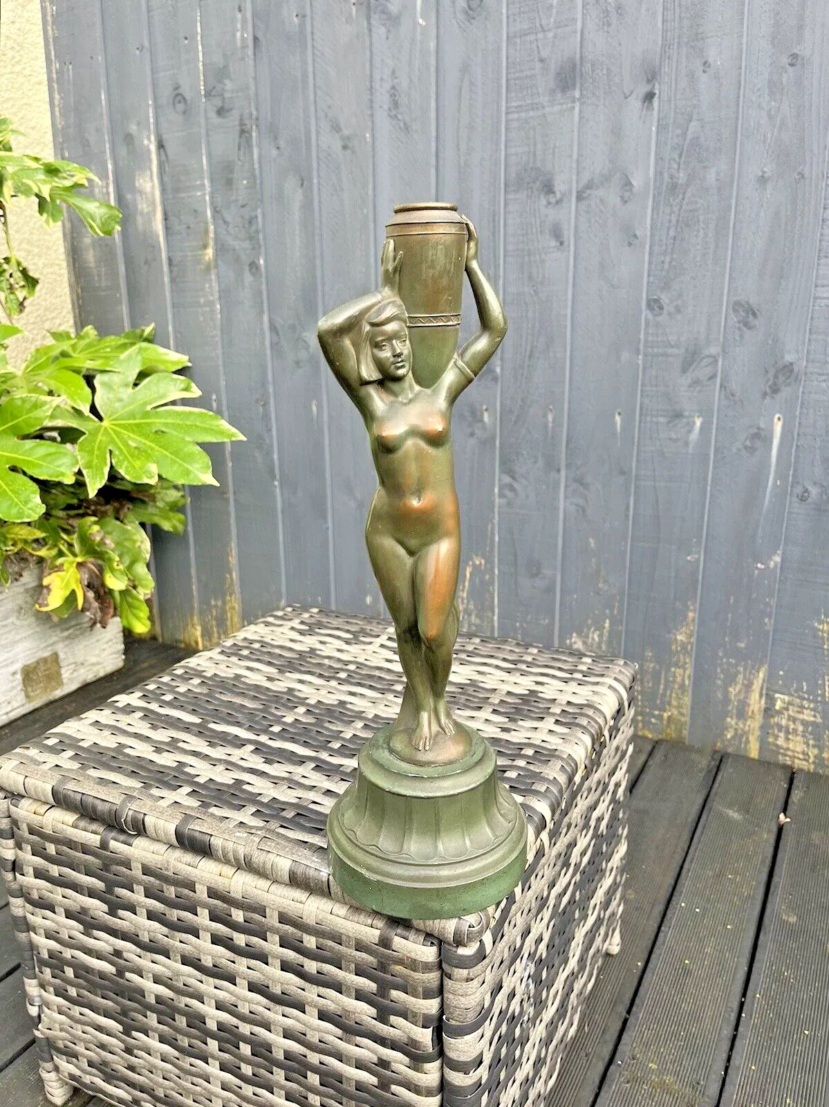 Original Antique Art Deco 30's French Bronze Spelter Nude Lady Maiden Lamp Base