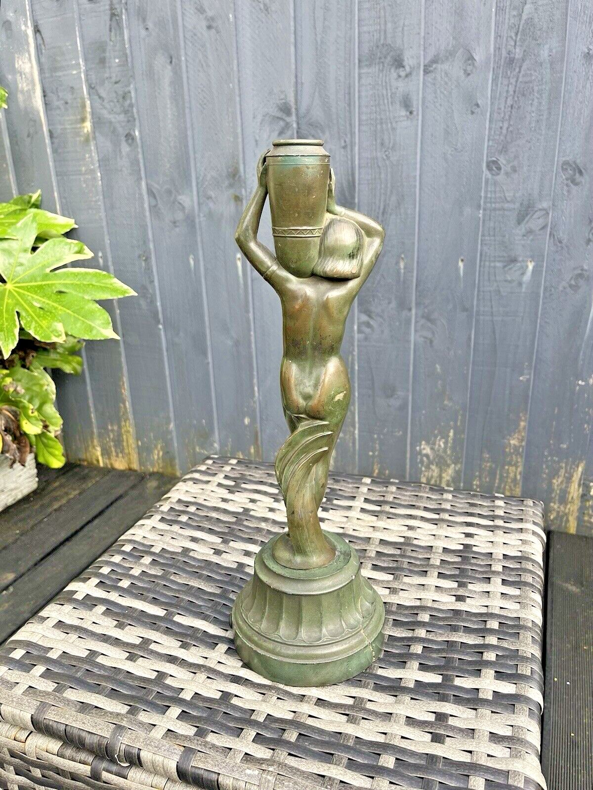 Original Antique Art Deco 30's French Bronze Spelter Nude Lady Maiden Lamp Base photo Lighting