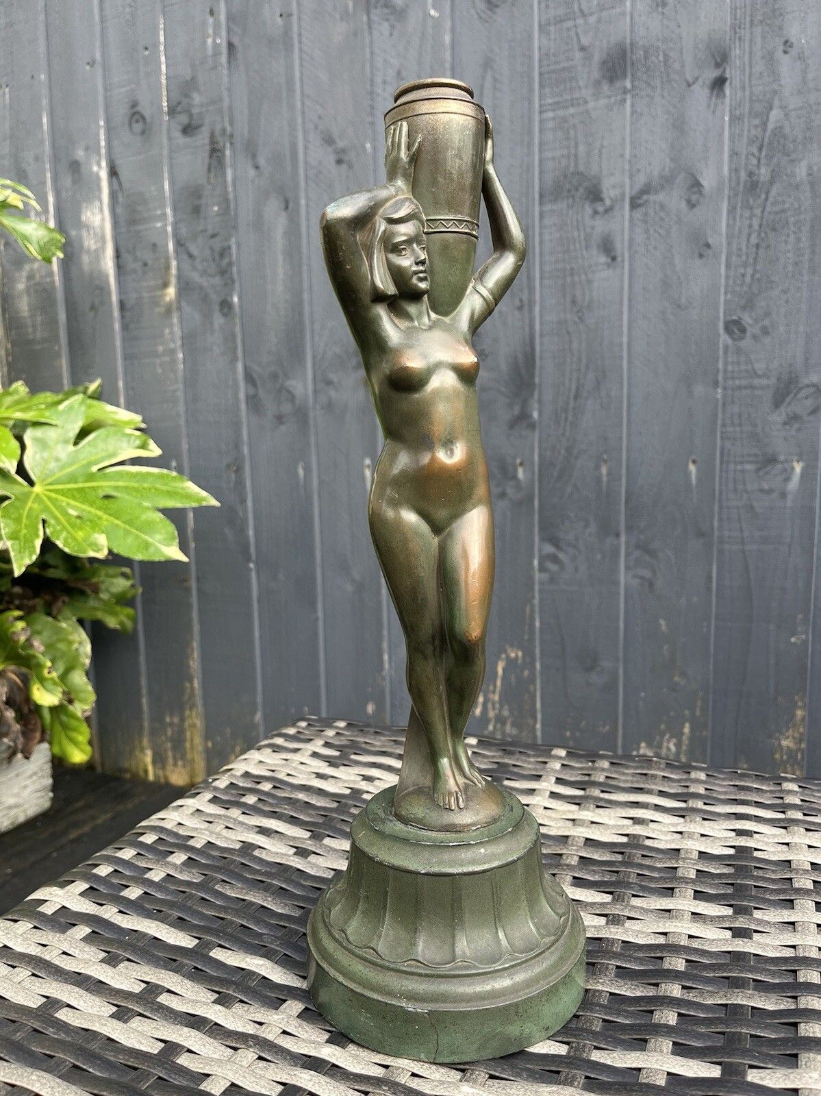 325.0 Original Antique Art Deco 30's French Bronze Spelter Nude Lady Maiden Lamp Base photo