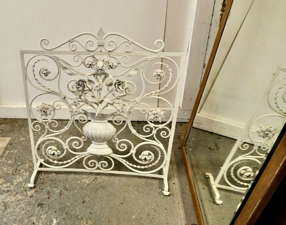White Wrought Iron And Toleware Fire Screen Decorated With Flowers photo furniture