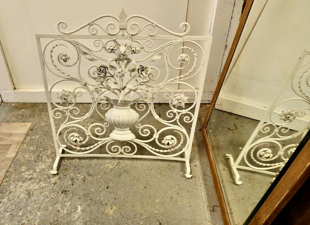 White Wrought Iron And Toleware Fire Screen Decorated With Flowers photo for sale