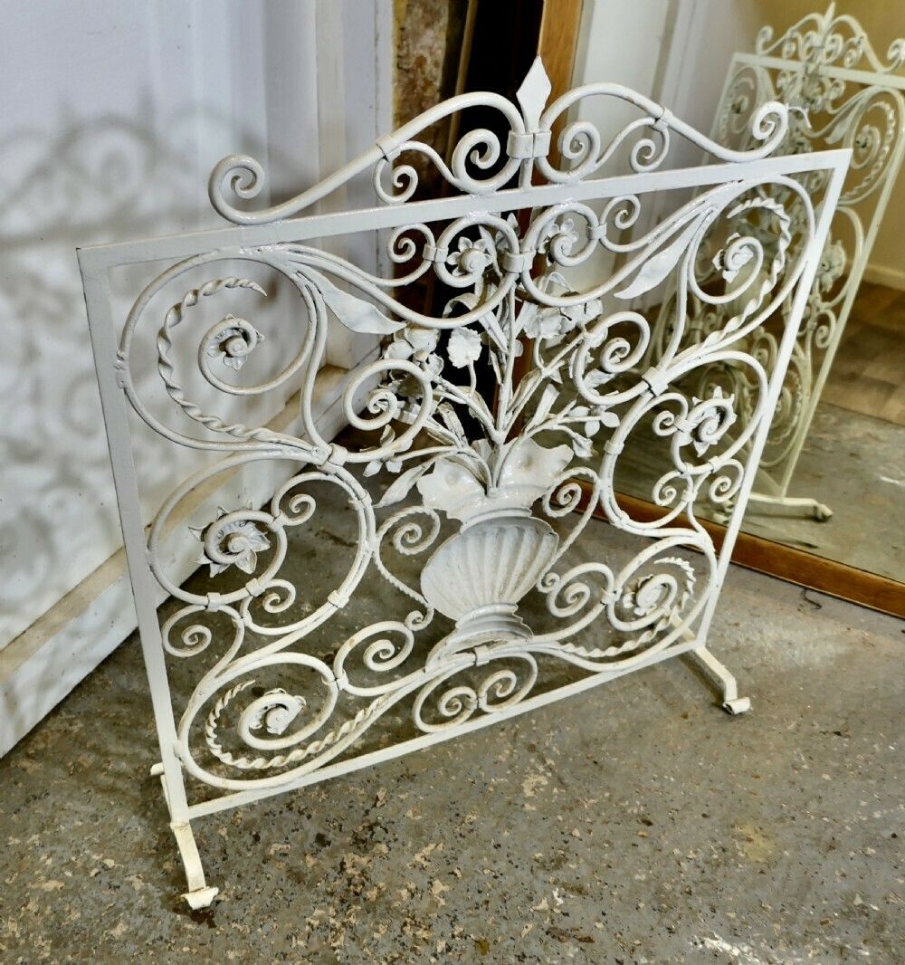 White Wrought Iron And Toleware Fire Screen Decorated With Flowers photo buy