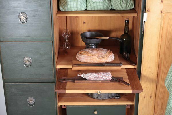 Folk Kitchen Pantry Cabinet And Chair, Bohemia, 1890s, Set Of 18 photo 1800.0