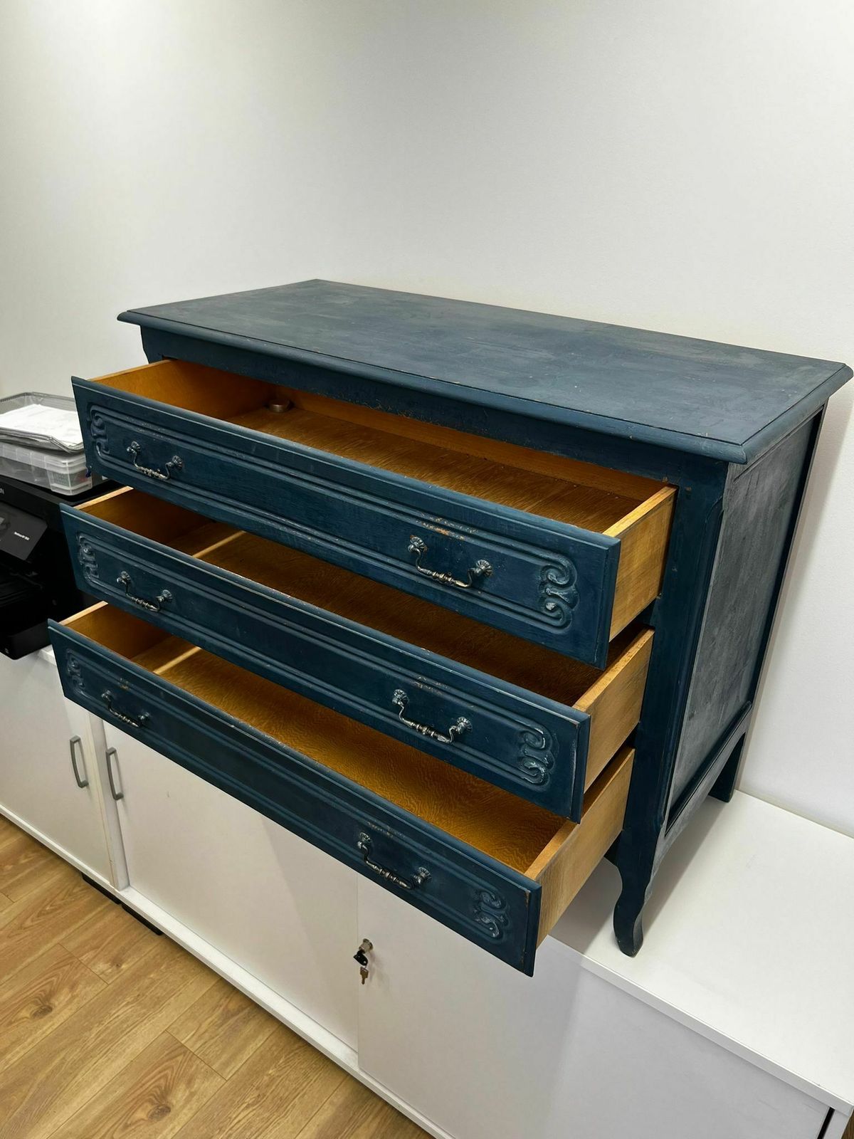 Distressed 3 Drawer Chest In Dark Vintage Teal photo for sale