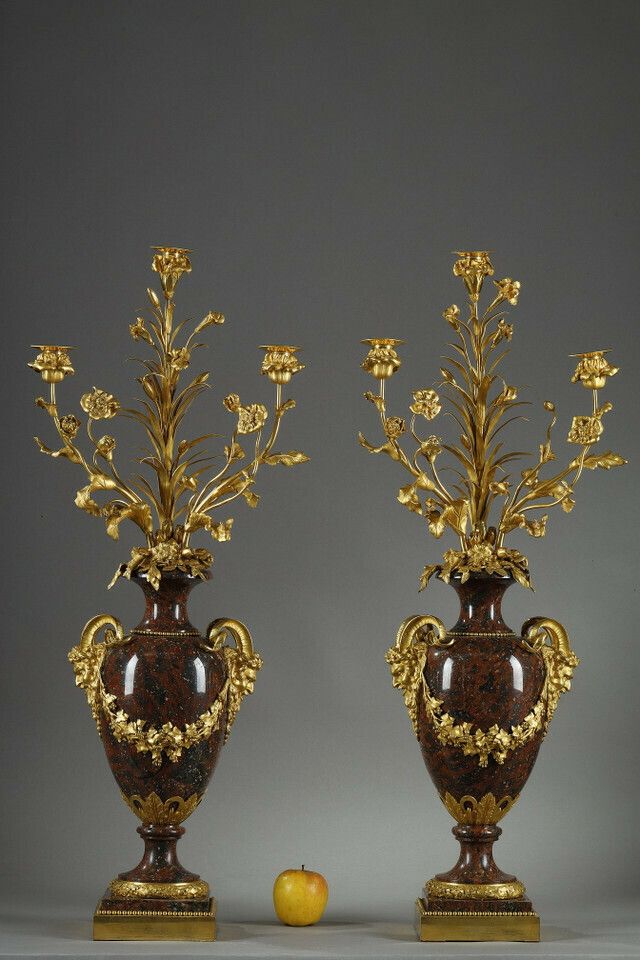 Pair Of Louis XVI Style Candelabra In Griotte Red Marble And Gilt Bronze