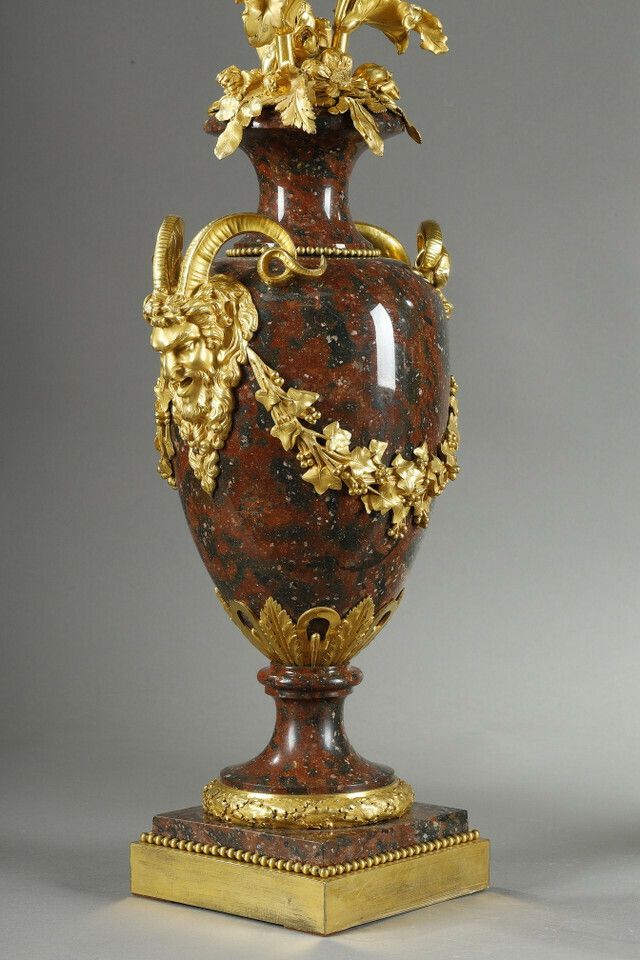 Pair Of Louis XVI Style Candelabra In Griotte Red Marble And Gilt Bronze photo vintage