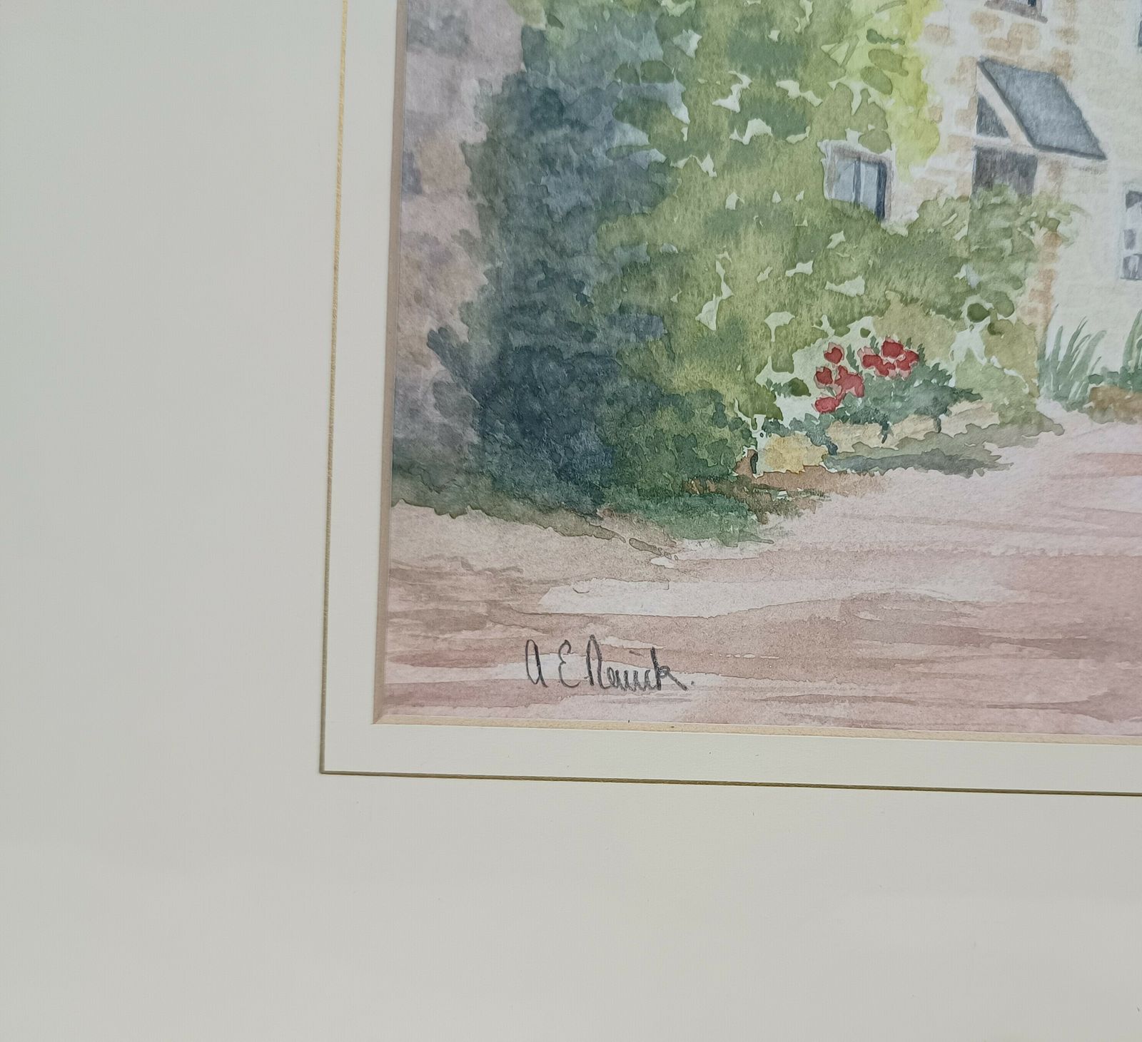 Original Watercolour Painting Country Cottages Wall Flowers Artist Signed. photo Art