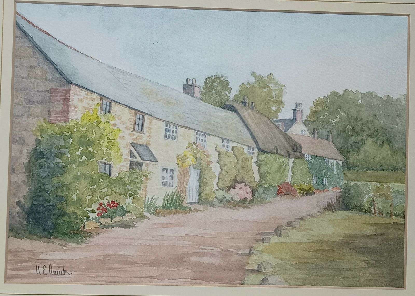 Original Watercolour Painting Country Cottages Wall Flowers Artist Signed. photo 130.0