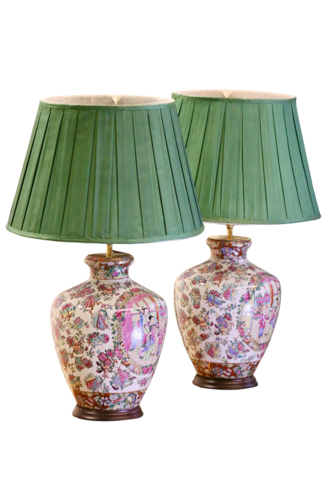 Pair Chinese Antique Famille Rose Porcelain Lamps With Court Scenes   51cm Height photo for sale
