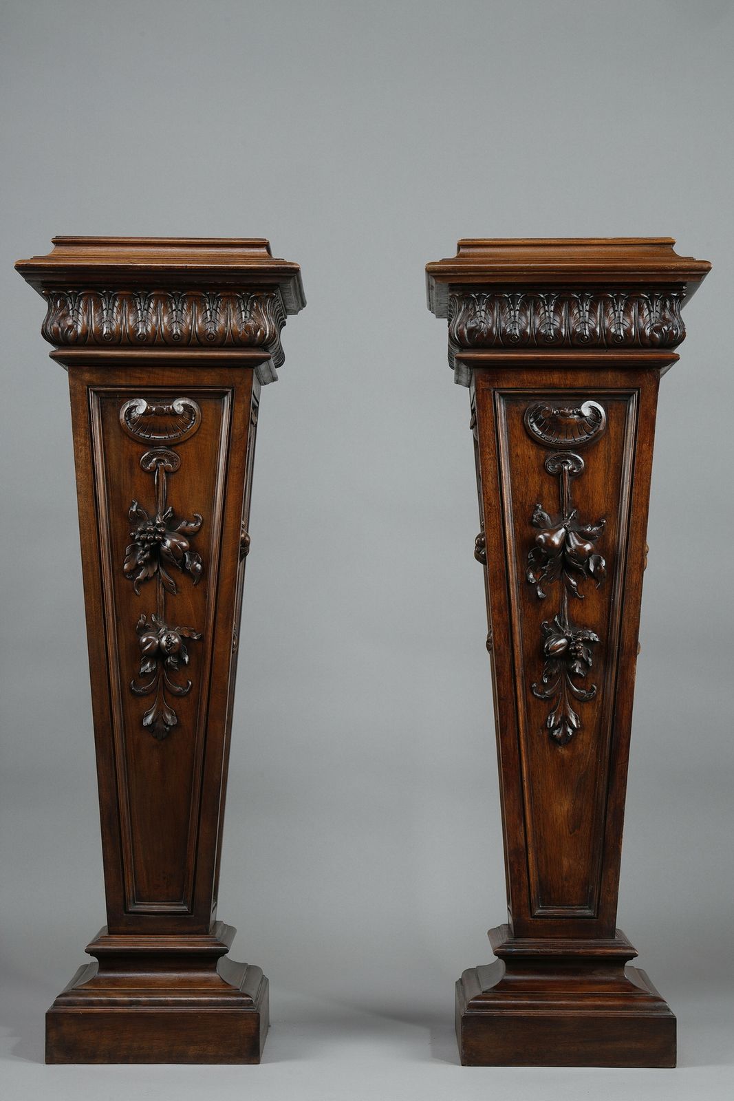 Pair Of Carved Molded Walnut Sellettes With Fruit And Plant Decorations photo for sale