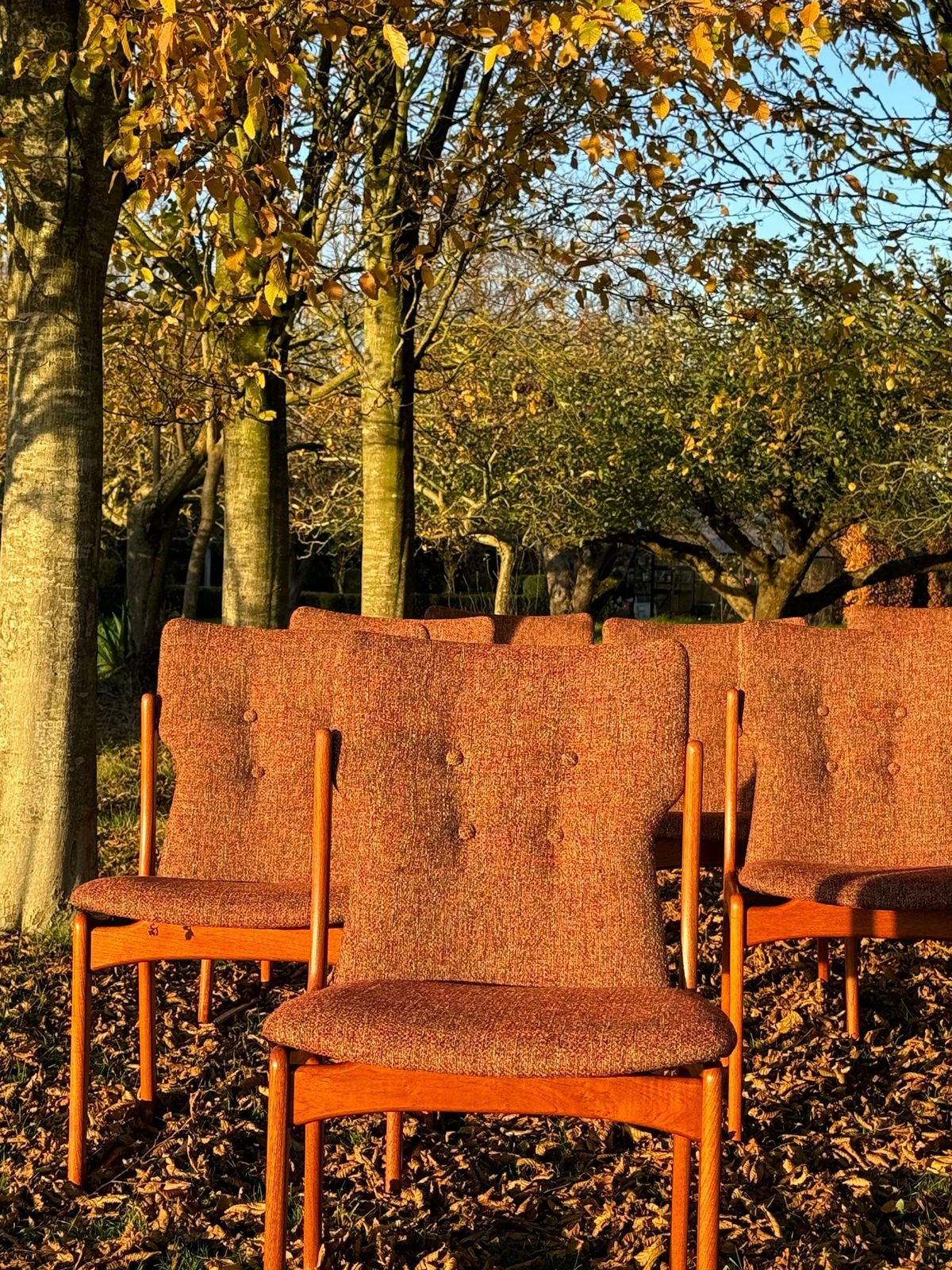 Mid Century Danish Teak Upholstered Set Of Eight Dining Chairs By Vamdrup Stolefabrik 1960 photo vintage