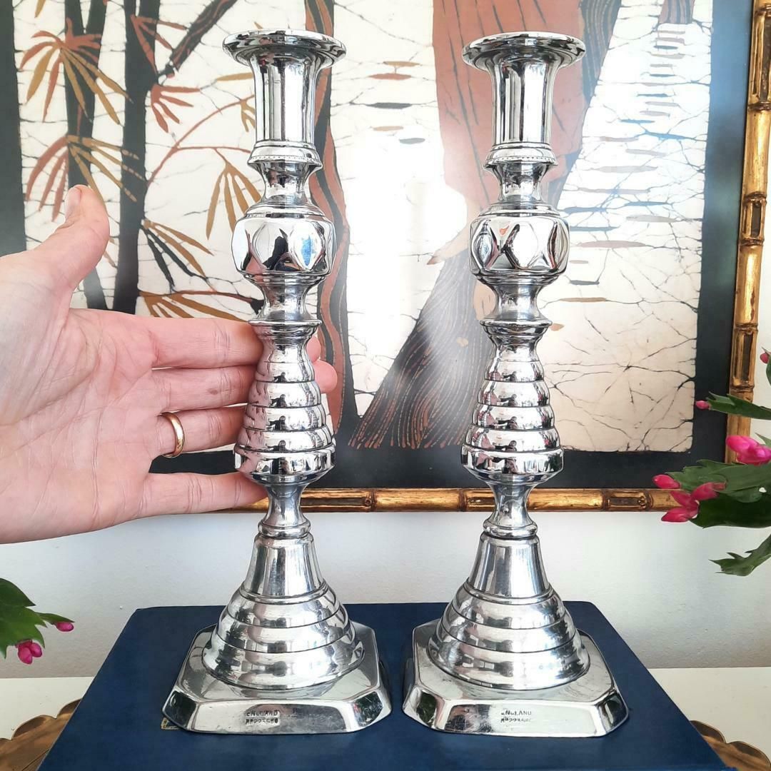 Large Antique Beehive Chrome Plated Brass Candlesticks Holders, Victorian Candle Holders photo furniture