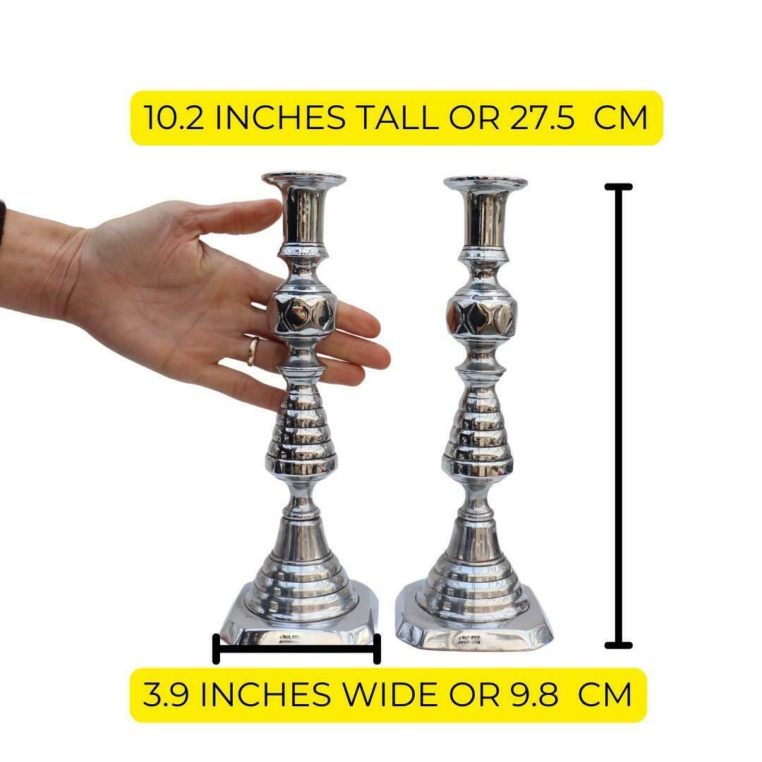 Large Antique Beehive Chrome Plated Brass Candlesticks Holders, Victorian Candle Holders photo for sale