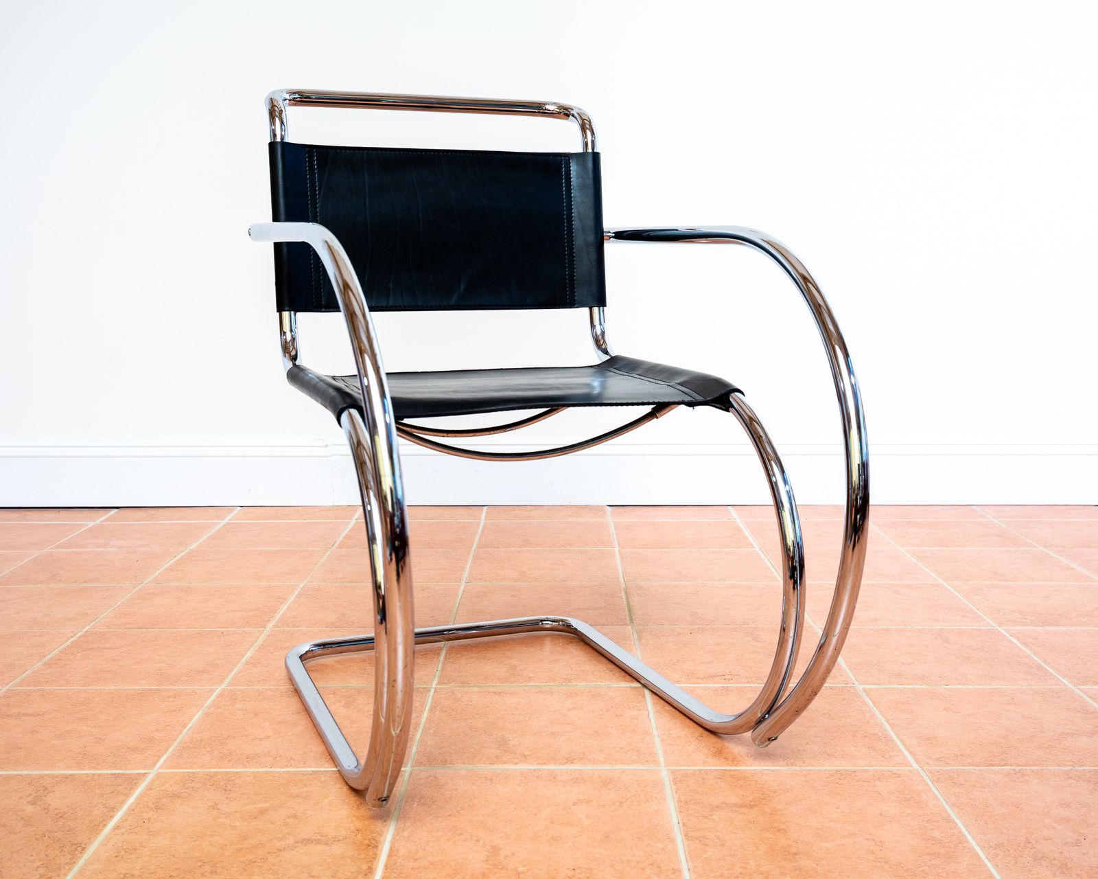 Mies Van Der Rohe Mr20 Armchair Leather Chrome Cantilever Chair Black Leather Bauhaus Mcm Mid Century Leather Arm Chair