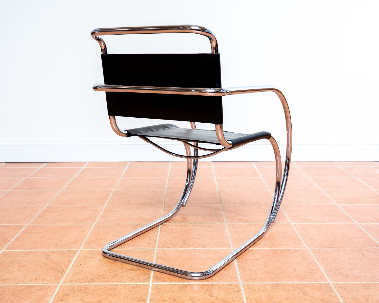 Mies Van Der Rohe Mr20 Armchair Leather Chrome Cantilever Chair Black Leather Bauhaus Mcm Mid Century Leather Arm Chair photo furniture