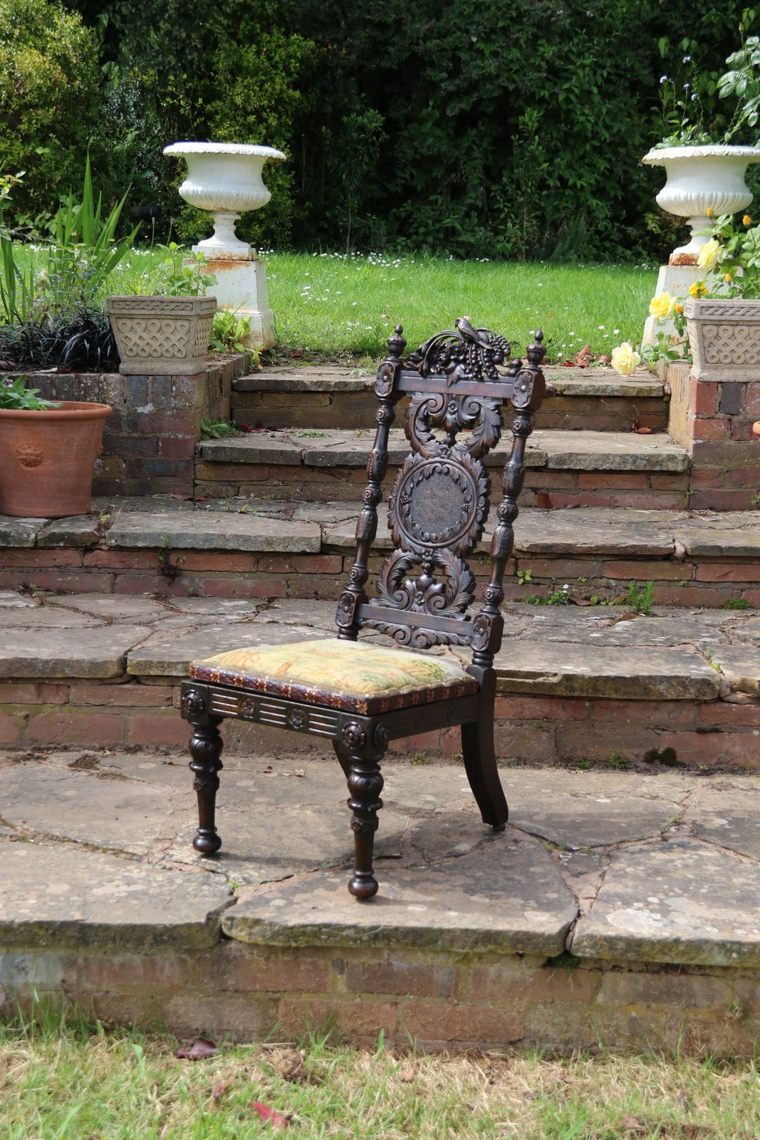 A 19th Century English Country House Carved Walnut High Backed Chair With A Tapestry Seat photo for sale