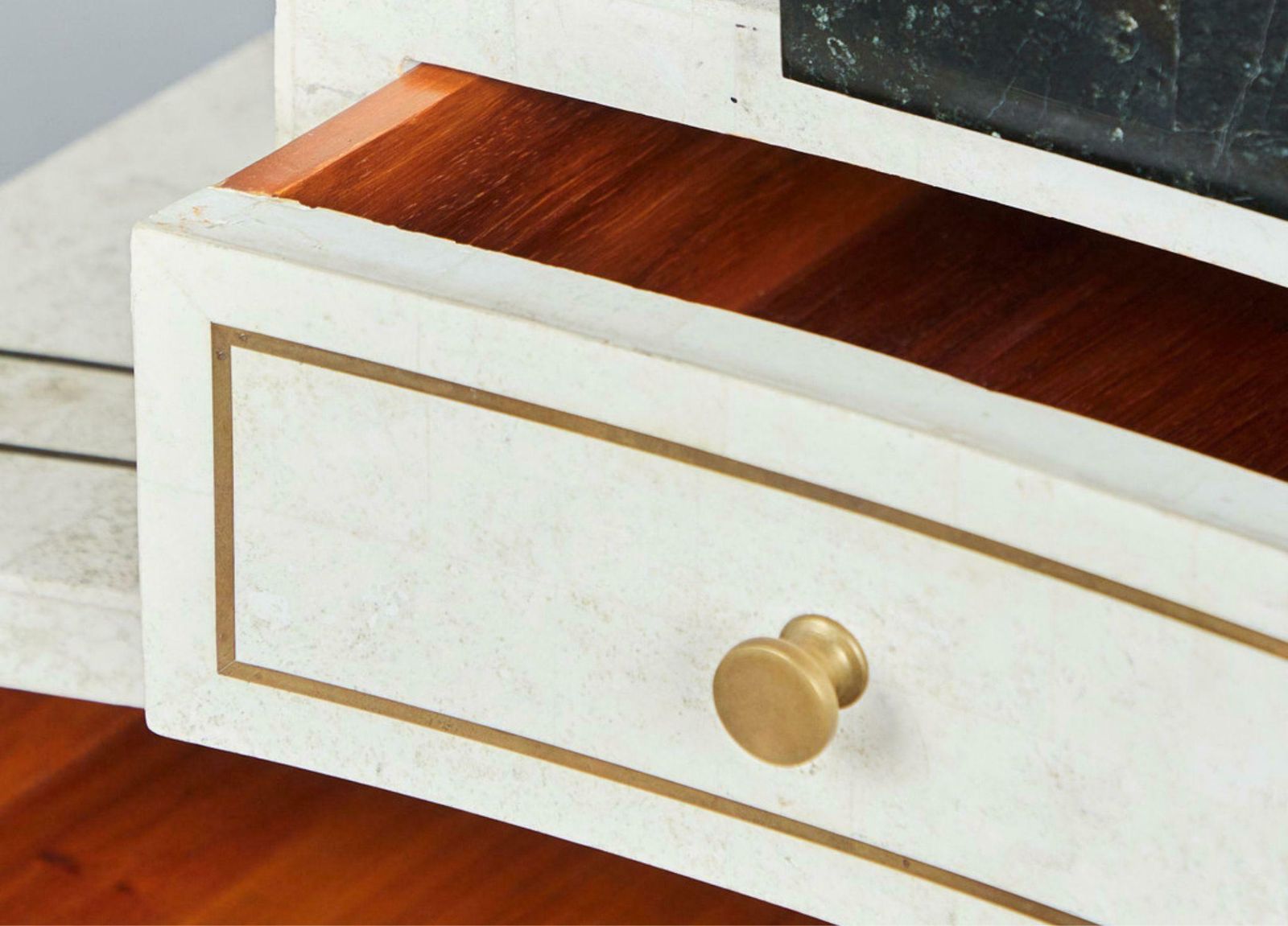 Unique Writing Desk With Black And White Stone Veneer And Brass Inlays photo vintage