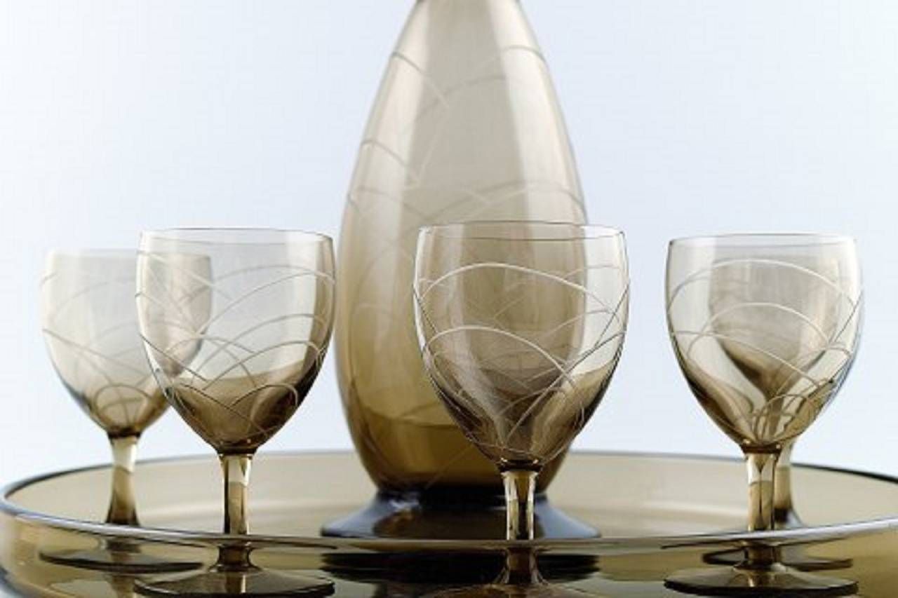 Daum Nancy Art Deco Bar Set, Decanter And Five Glasses On Tray photo for sale