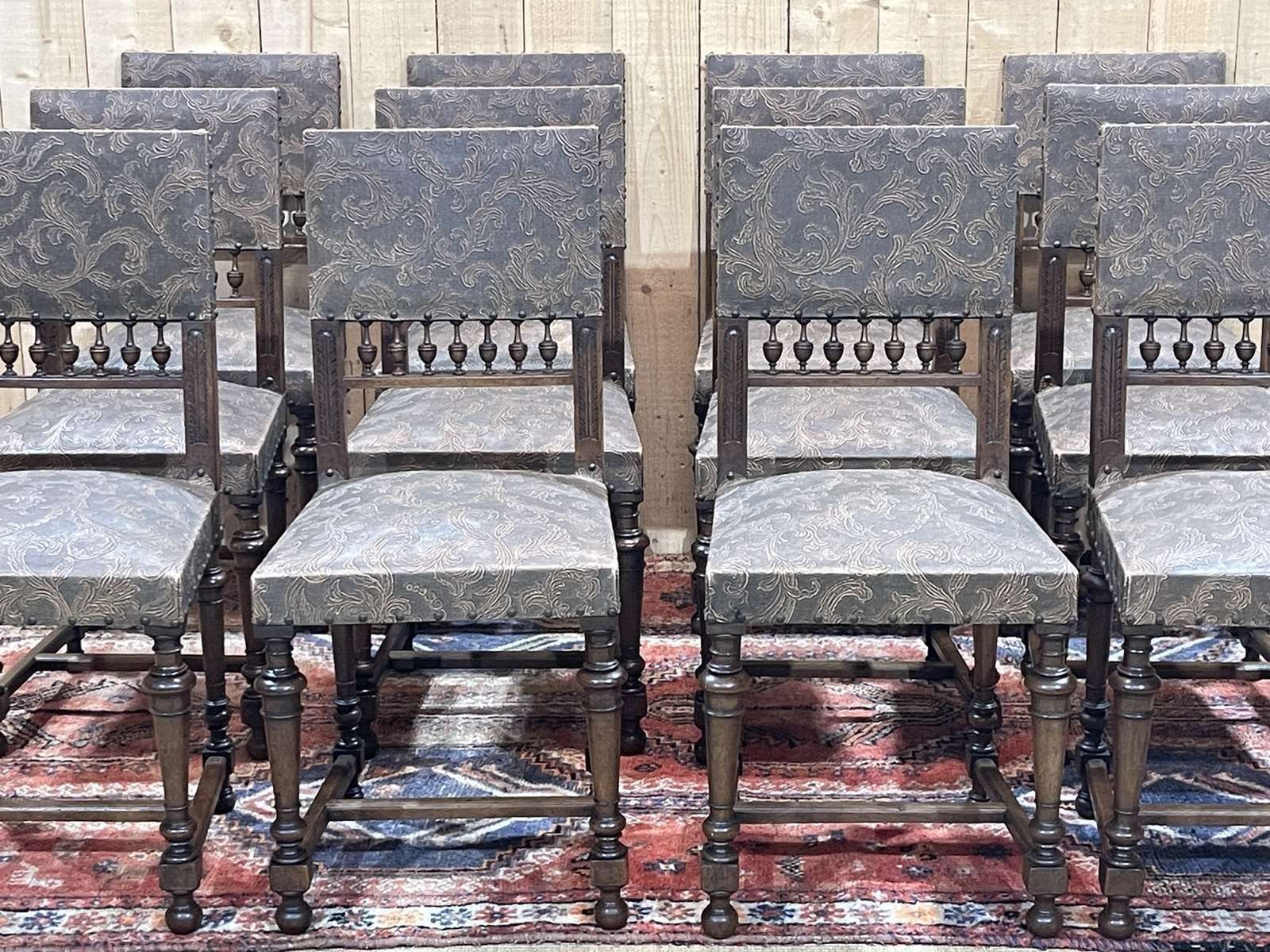 photo furniture Set Of 12 Henry II Chairs In Walnut And Leatherette, Early 20th Century