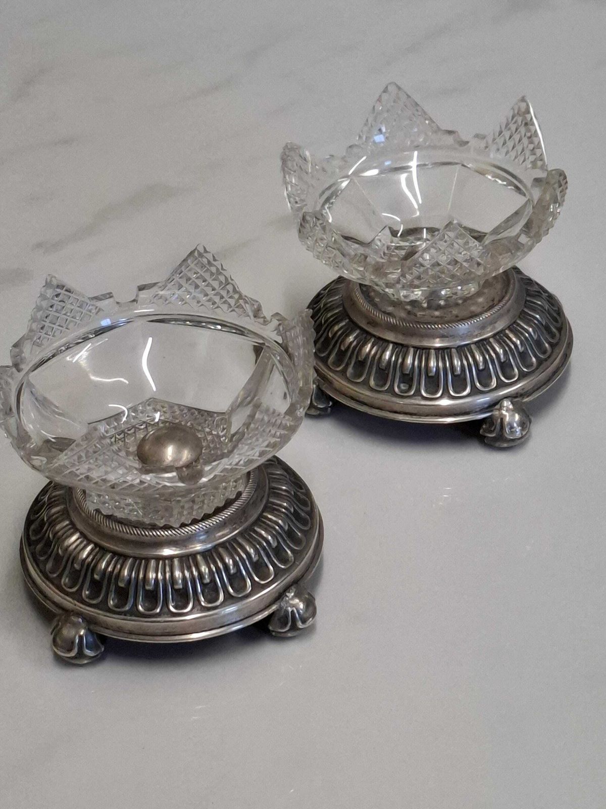 Antique Pair Of German Silver Plate And Glass Table Salts
