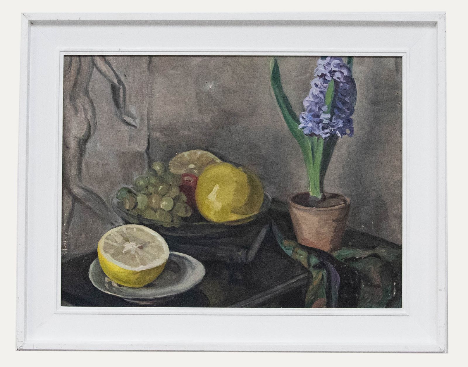 Framed Mid 20th Century Oil Still Life, White Grapefruit With Hyacinth Plant