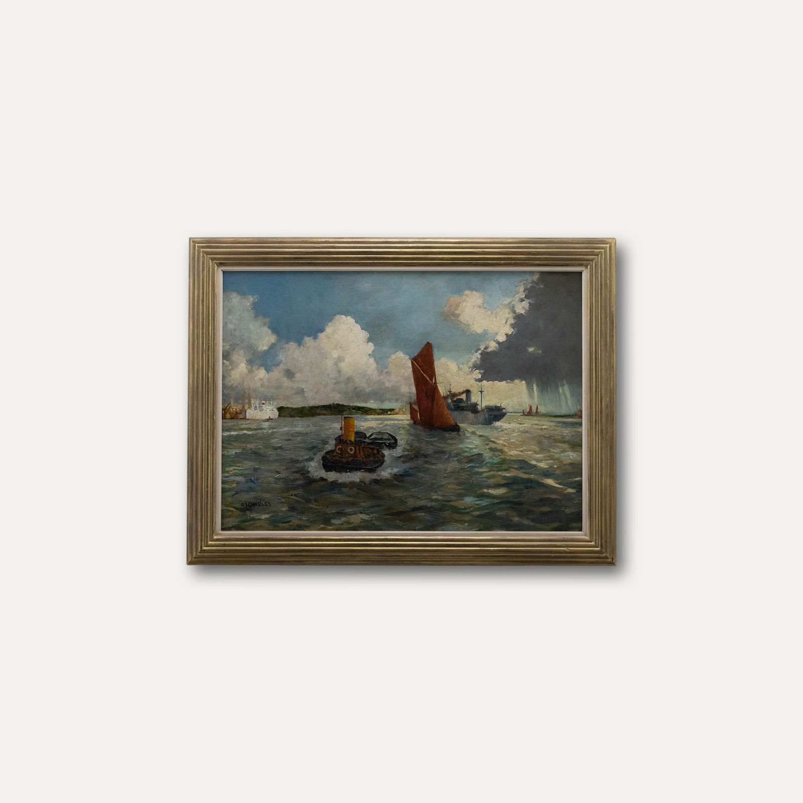A. I. Charles Framed 20th Century Oil, Tug Towing Two Barges photo buy