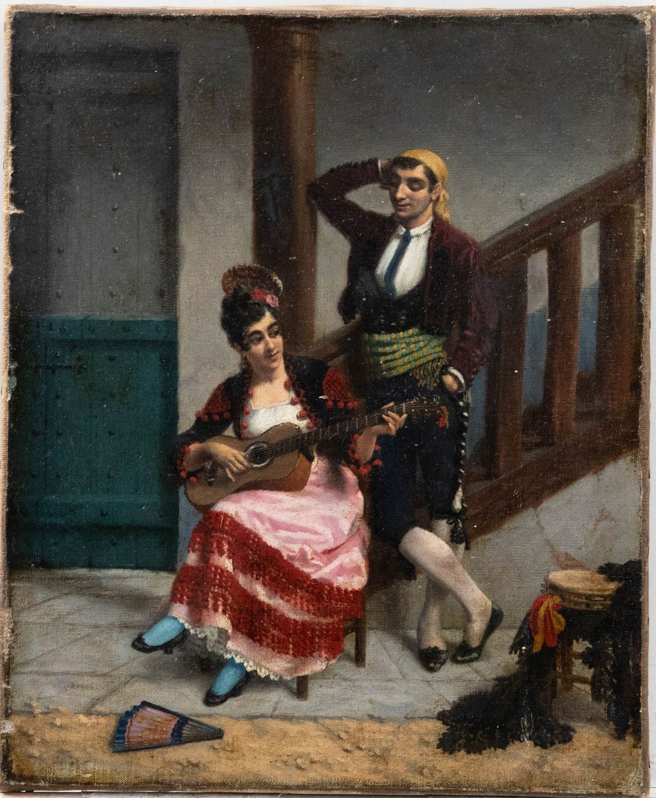 Spanish School Early 20th Century Oil The Musical Couple photo furniture