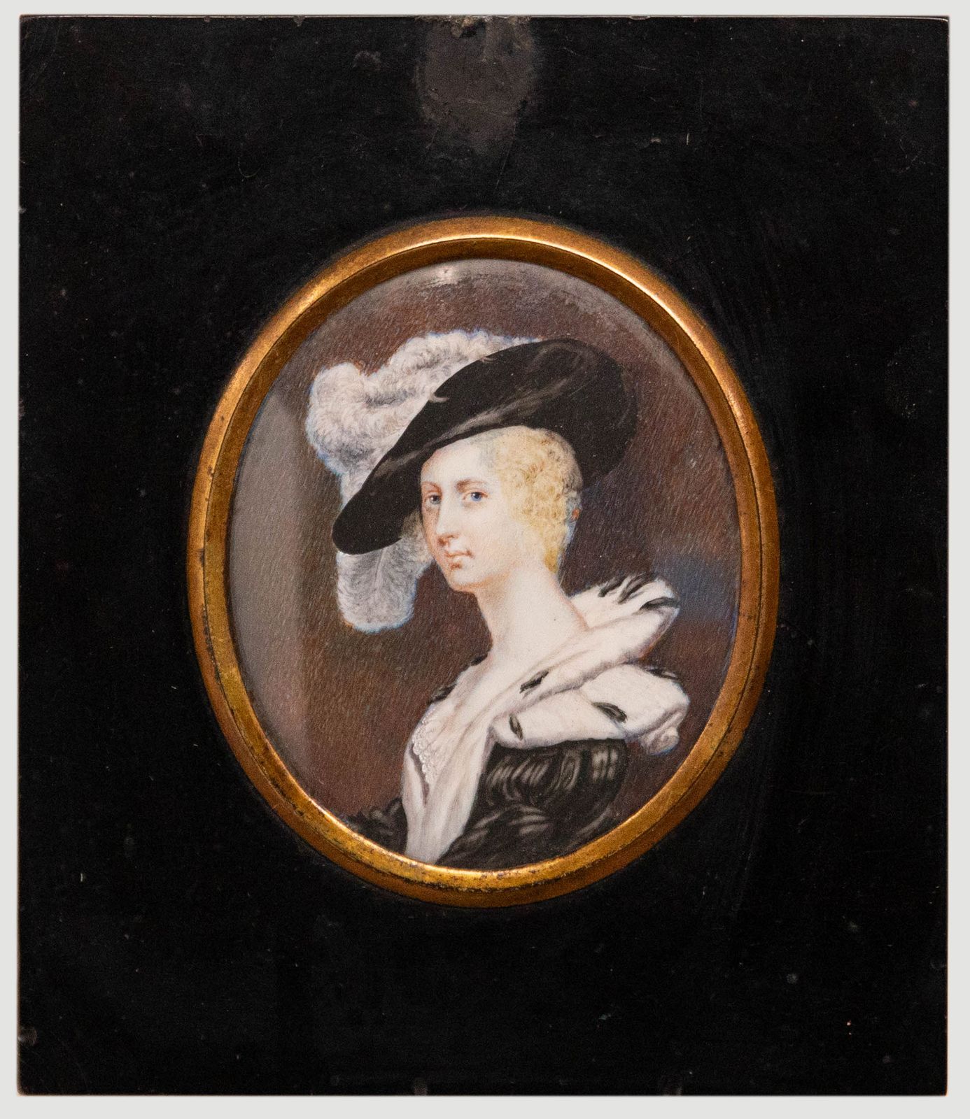 19th Century Portrait Miniature Watercolour, Lady In A Feathered Hat