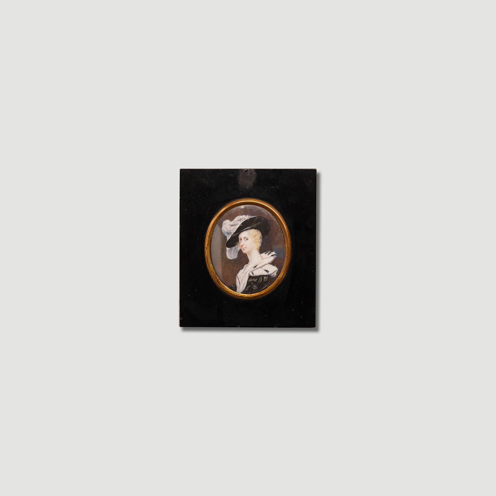 19th Century Portrait Miniature Watercolour, Lady In A Feathered Hat photo vinterior