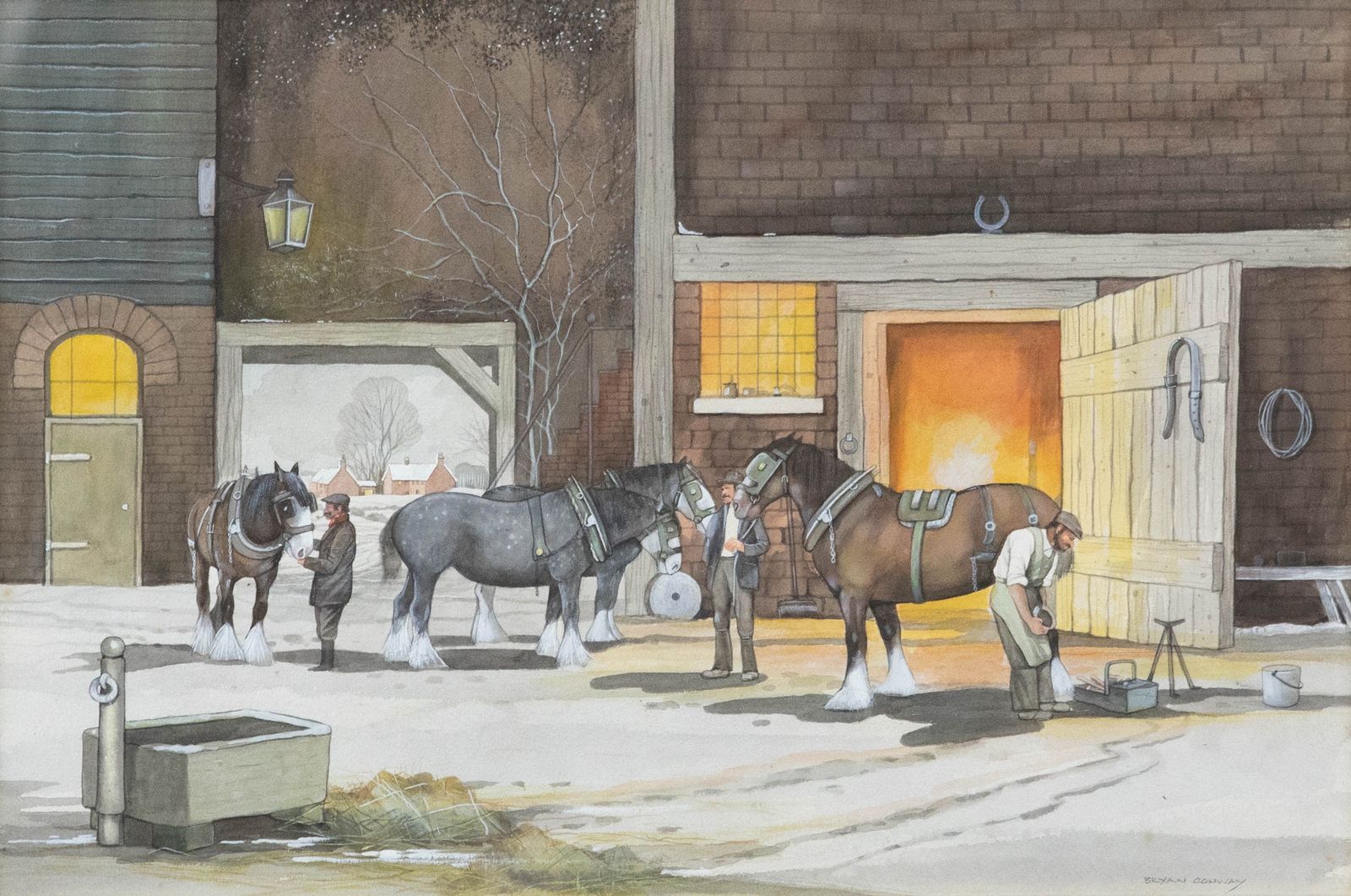 Bryan Conway Framed Contemporary Watercolour, Shire Horses Being Reshod photo furniture