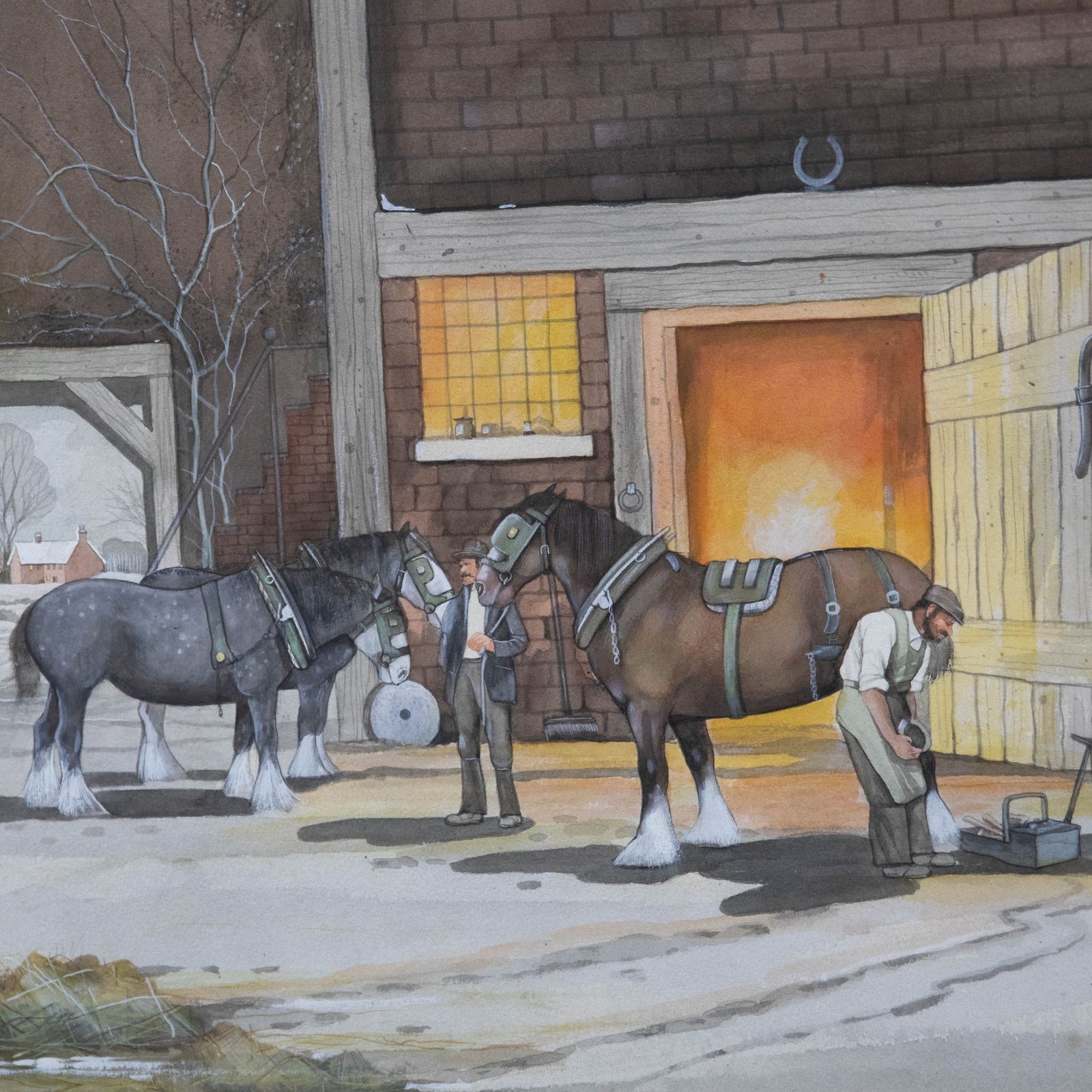 Bryan Conway Framed Contemporary Watercolour, Shire Horses Being Reshod photo Art